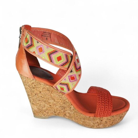The Sak Criss Cross Wedge Ankle Sandals "Bright Orange Aztec Print" Women's 8 - Picture 8 of 11